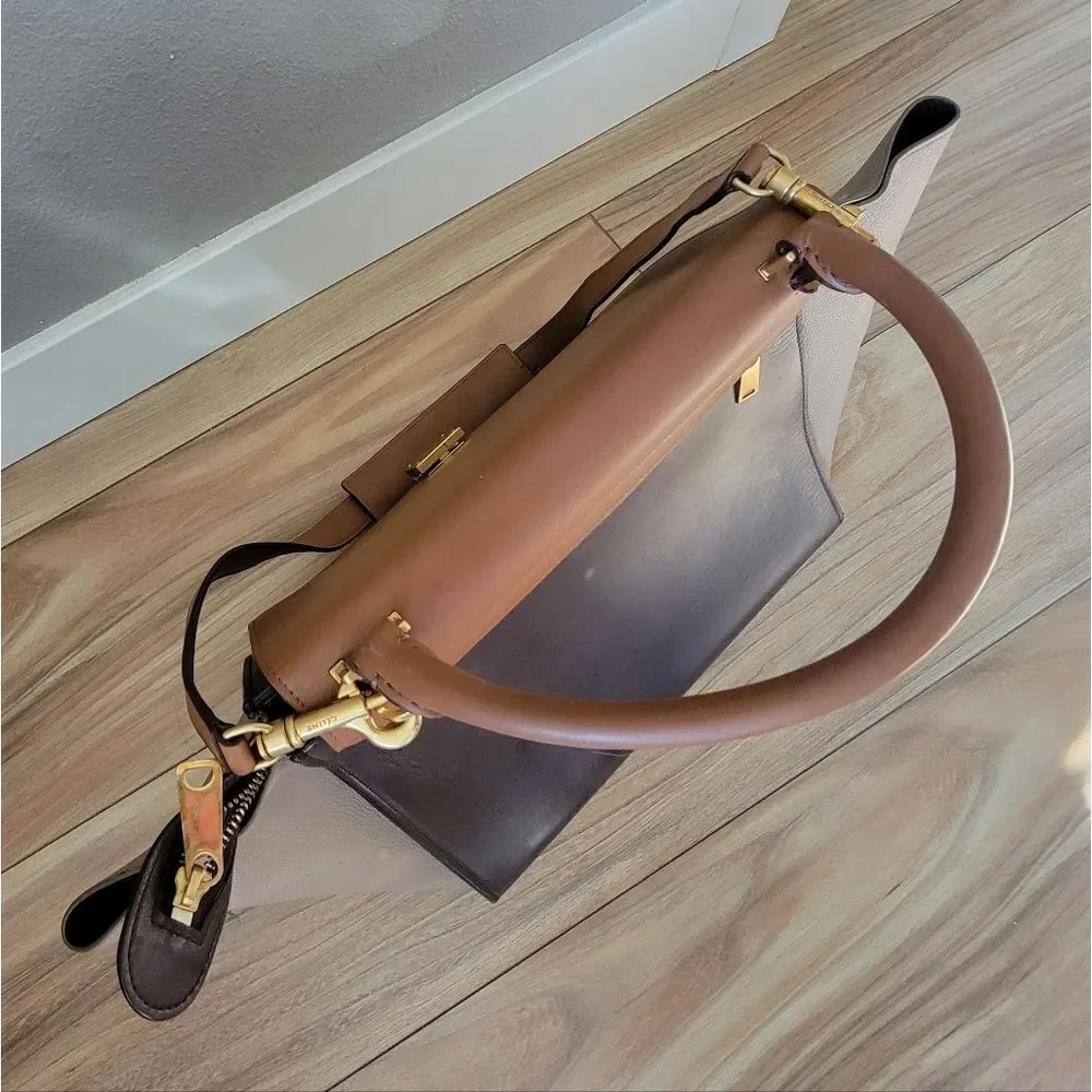 Celene Tricolor Medium Trapeze Luggage Satchel in Cognac Brown Tan